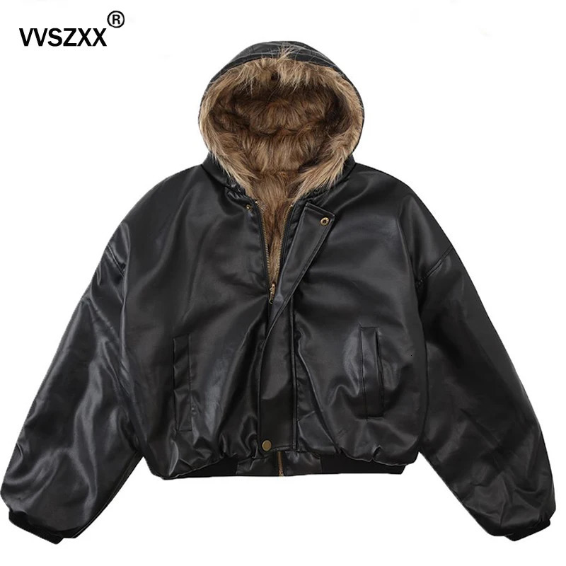 Mens doublesided thick PU leather hooded jacket retro casual reversible fur integrated silhouette 241213Z