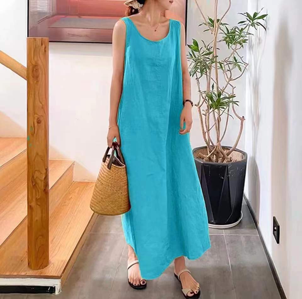 everyday Women Casual Dress Women Casual Dress Cotton Linen For Pocket Round Neck Sleeveless Summer Vintage Long Loose Vestido Everyday Feminino Eve