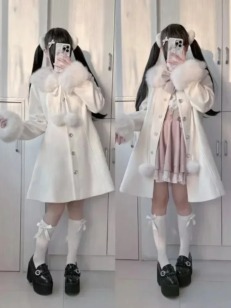 2024 Winter French Cute Thick Womens Wool Coat Elegant Fashion Warm Medium length 241212Z