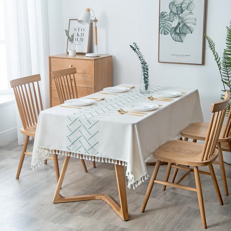 Cotton and Linen Embroidered Fringed Dining Table Cloth Coffee Table Tablecloth-image-1038732638