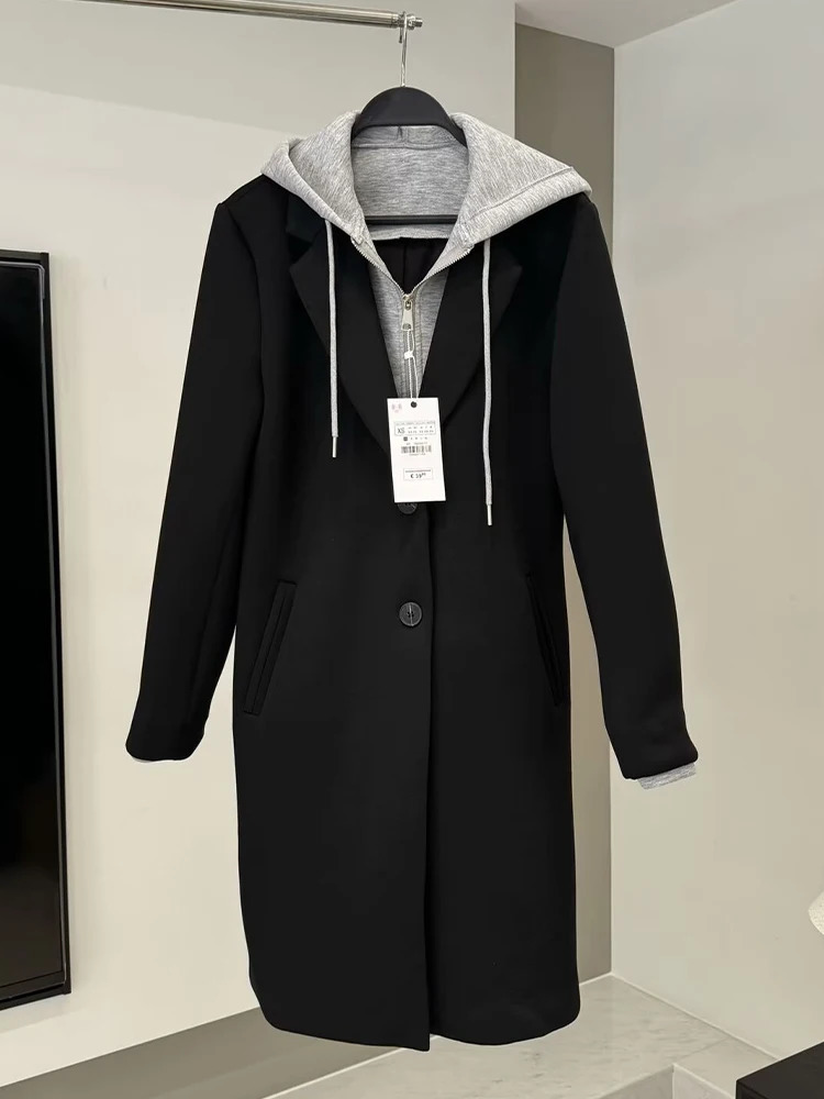 2024 AutumnWinter Womens Clothing Detachable Splicing Collar Long Sleeve Casual Pocket Wool Coat 241212Z