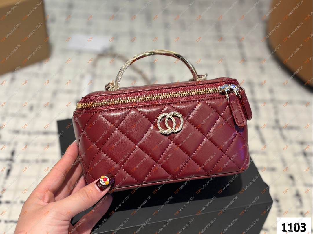 hot Designer bag Women Rheinstone Logo CC Top Handle Cosmetic Bag Shoulder bag Chain Leather Quilted Luxury Handbag Purse Shopping Makeup Bag Mirror