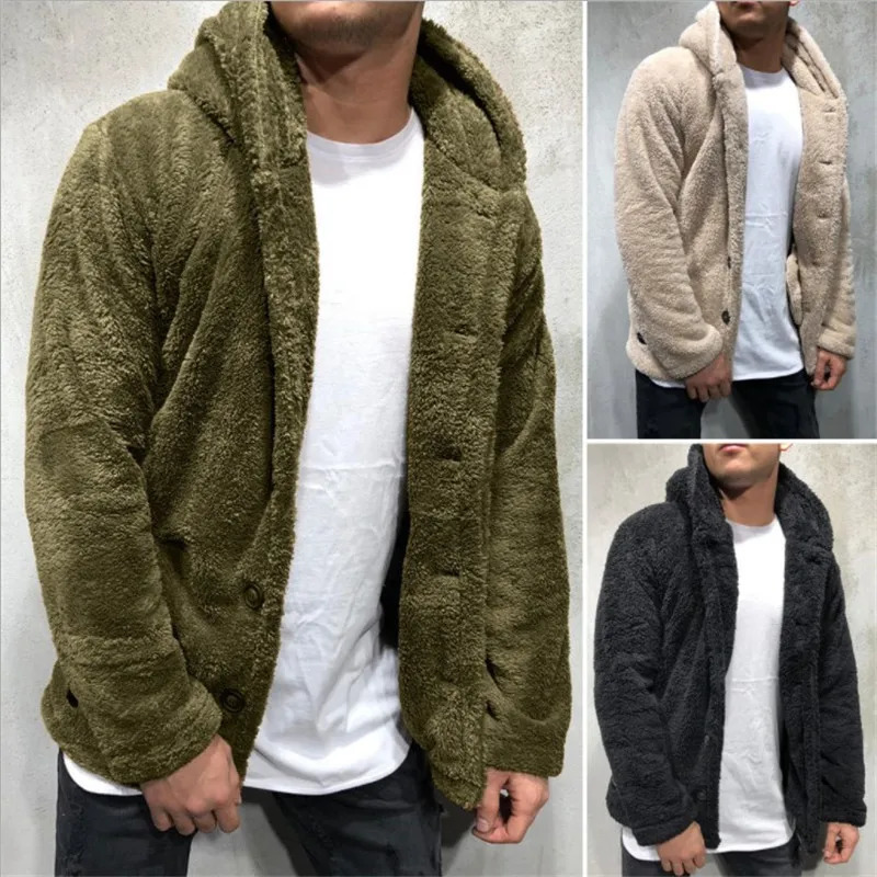 SpringAutumn Warm Mens Winter Thick Hoodie Top Fluffy Wool Coat Long Sleeve Open Knitted Sweater 241213Z