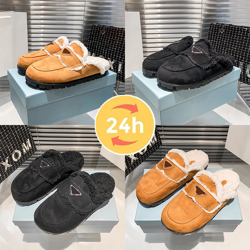 Designer Slides Fur Womens Shearling Slippers Winter Fuzzy Sliders Ladies Wool Comfortable Fluffy Furry Designer Shoes Clog Khaki Black Suede Flats