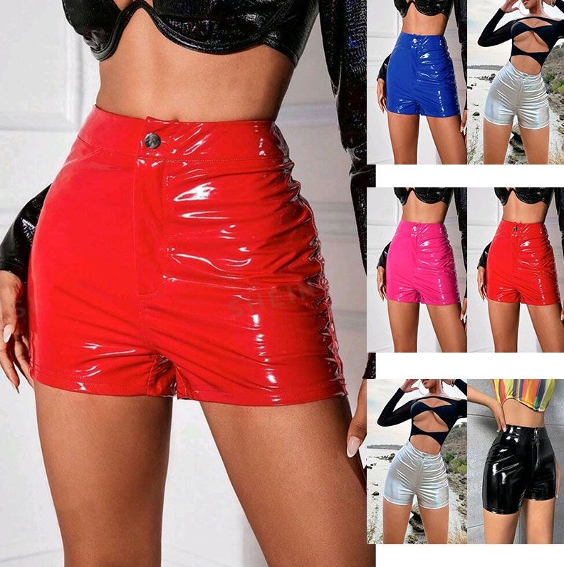 Women's Shorts Sexy and shiny PU leather pants with button down shorts