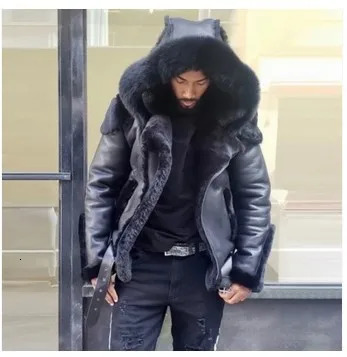 Black fur collar thick wool lining mens leather jacket street fashion warm and windproof onepiece 241213Z