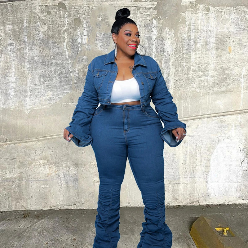 Plus Size Sets Clothing Women Two Piece Set Fall Outfits Long Sleeve Denim Coat and Jeans Stacked Pant Drop Wholesale 241219