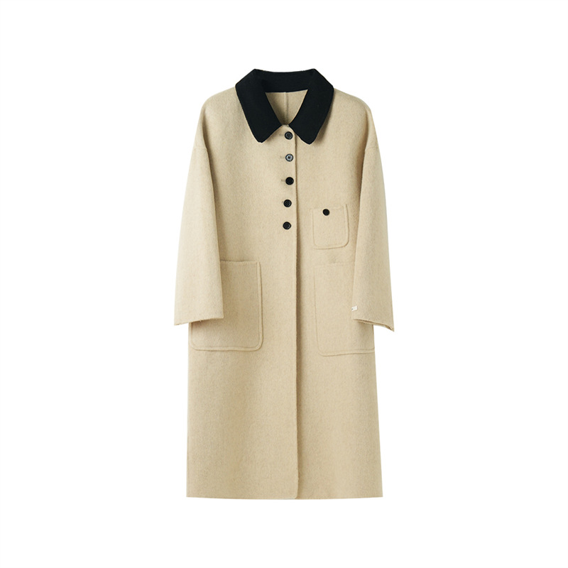 D5296 Black and white stitching double-faced wool coat Korean style loose medium-length wool coat
