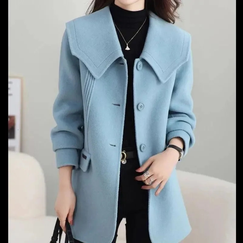 Elegant Sky Blue Woolen Coat 2024 Women Spring Autumn Winter Highend Korean Version Blended Jacket Female Outerwear 241212Z