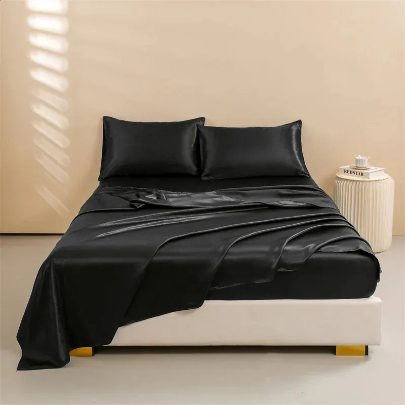 Satin Bed Sheets Queen Size Sheets Set 4 Pcs Silky Bedding Set 1 Deep Pocket Fitted Sheet 1 Flat Sheet 2 Pillowcases 240829-image-1038771686