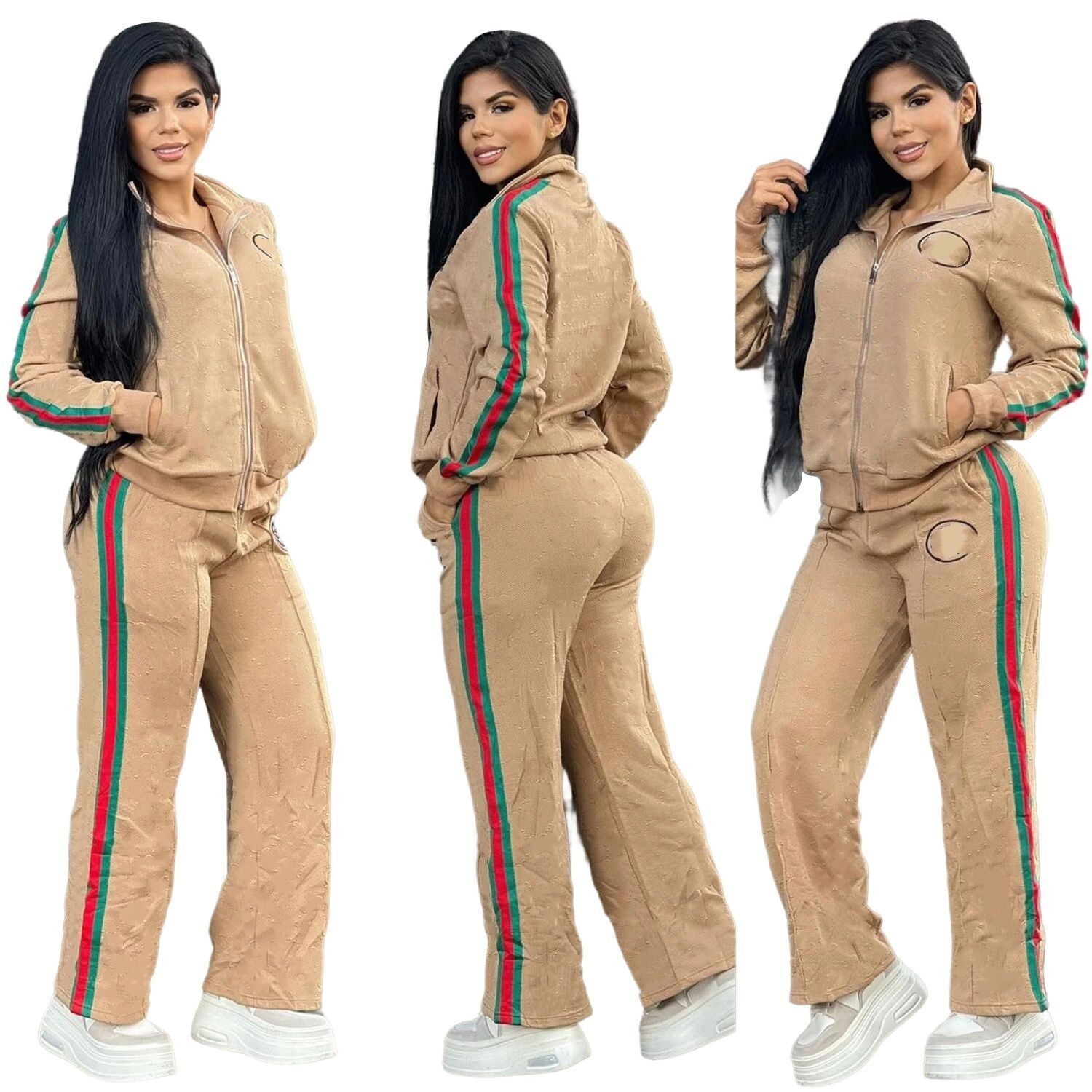 Women color block logo letter jacquard designer turn down collar jacket and long pants twinset casual 2 pc pants suit SMLXLXXL
