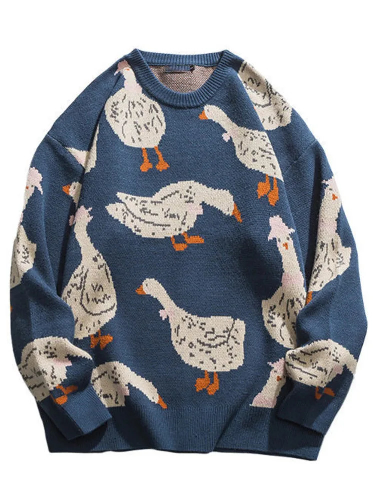 Fashion Cartoon Animal Duck Goose Printed Knitted Sweater Mens Pullover Harajuku Casual ONeck Oversized Street Clothing AutumnWinter Top 241213Z