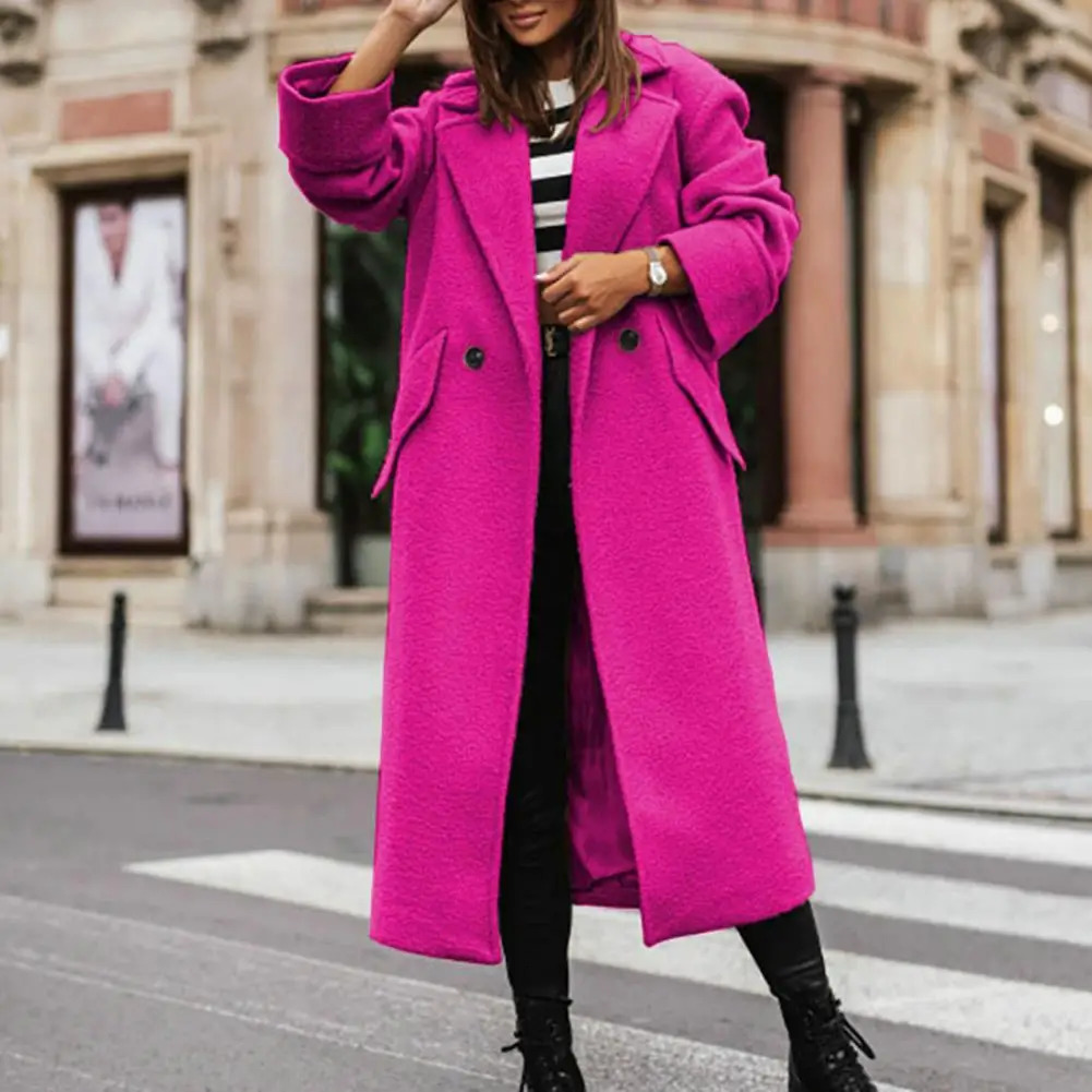 Womens autumn and winter coat solid color thick cardigan windproof pocket double button long sleeved womens 241213Z