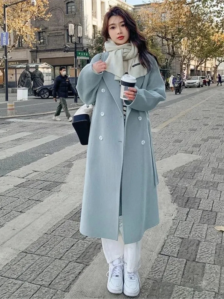 Solid Lace Up Long Woolen Coat for Women Korean Loose Fashion Double Breasted Lapel Collar Female Autumn Winter Overcoats 241213Z
