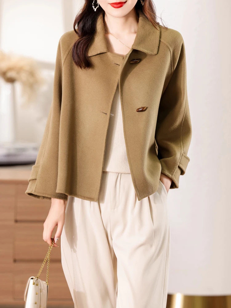 100 Merino pure wool handmade doublesided fabric fashionable jacket for women short Oxhorn button heavy elegant street top 241212Z