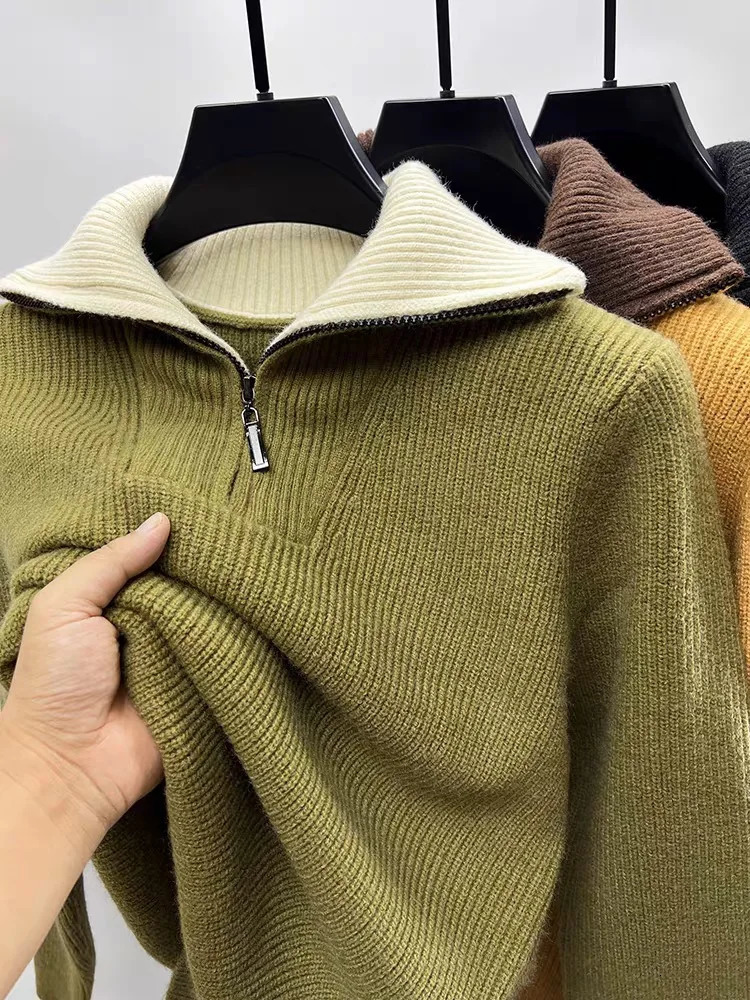 Autumn and Winter Mens Half High Neck Zipper Knitted Sweater Korean Version FashionCasualSolidColor Pullover Thickened Warm 241213Z