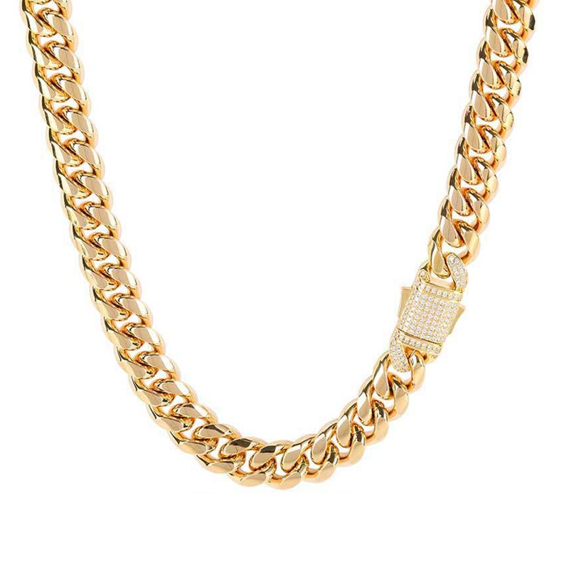 10/12 mm en acier titane plaqué or Miami Cuban Link Chain pour hommes Collier pour hommes INRRADED CZ Diamond à Spring Buckle Personnalisés Chaîn