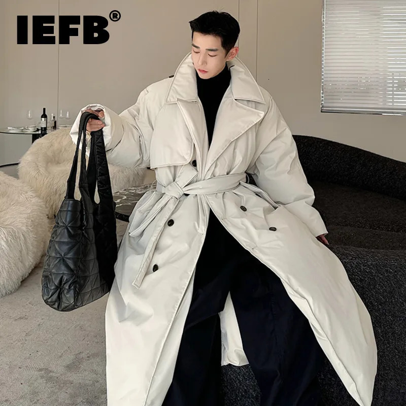 IEFB winter fashion oversized mens long sleeved jacket thick doublelayer pure cotton solid color Korean style belt 9C3853 241212Z