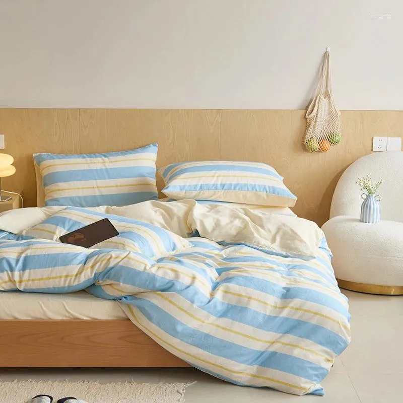 Ensemble de literie coton double gaze housse de couette drap taie d’oreiller rayure tendance imprimée lit jumeau double king