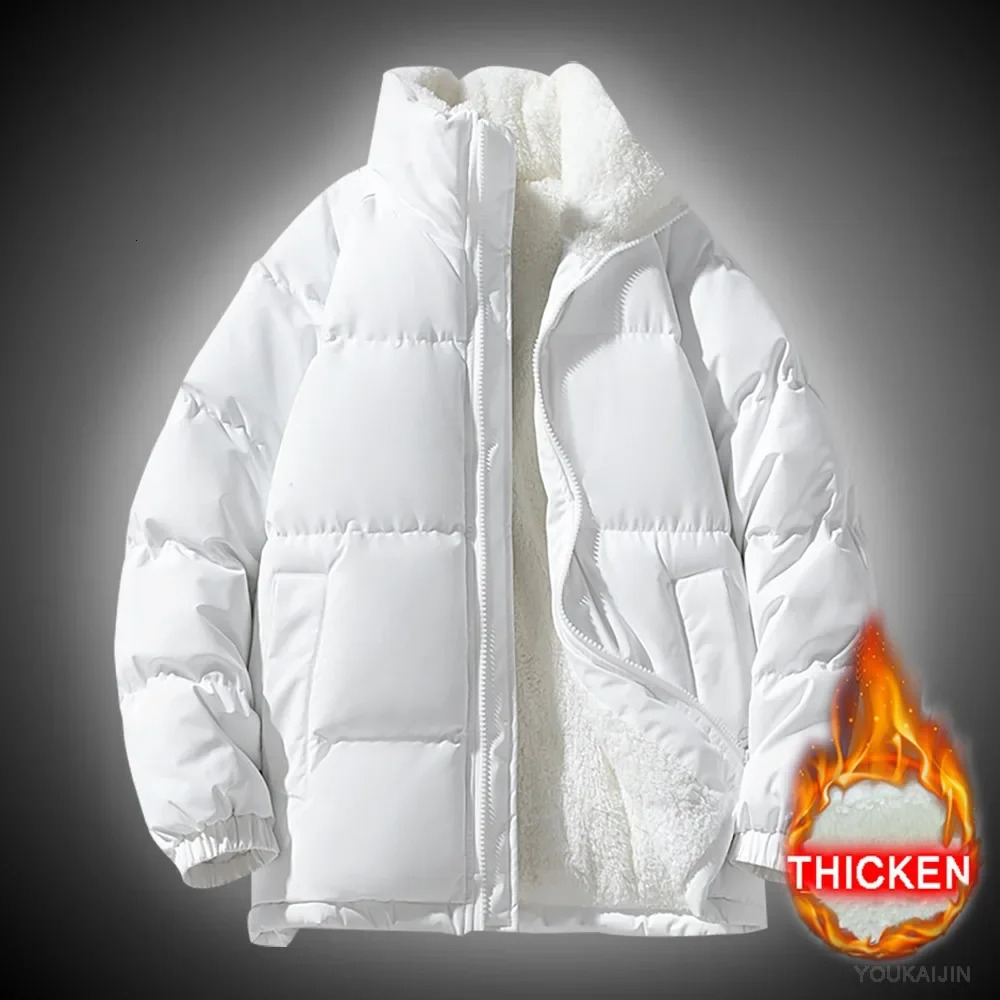 White mens winter jacket Parkas thick zipper stand up collar solid color casual artificial puff colorful 241212Z