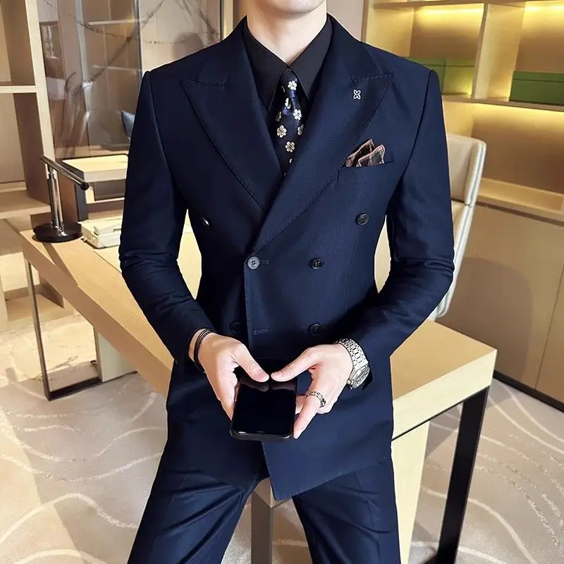 Double Breasted Full Men's Suits and Blazers Solid Color 2 Piece Outfit Set Male Youth Casual Gentleman Trends Costumes Elegant