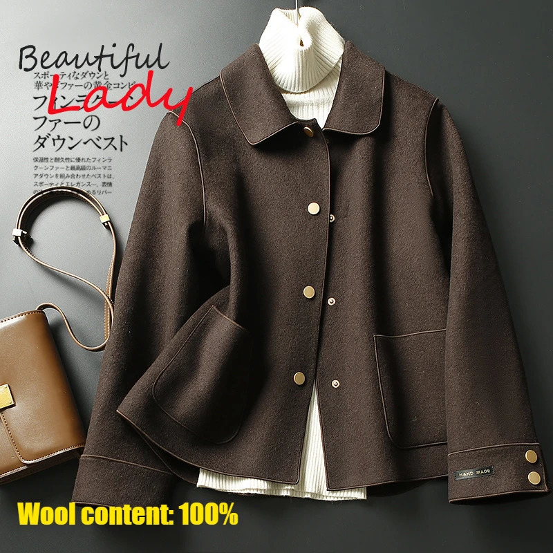 100 wool doublesided coarse woolen coat womens short autumn and winter retro brown 241212Z