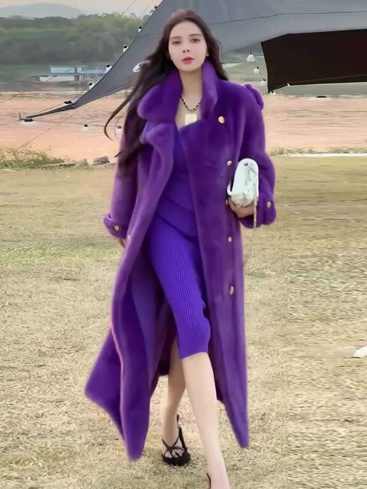 Elegant and environmentally friendly faux fur coat for autumn winter purple loose thick double chest plush jacket womens fashion 241213Z
