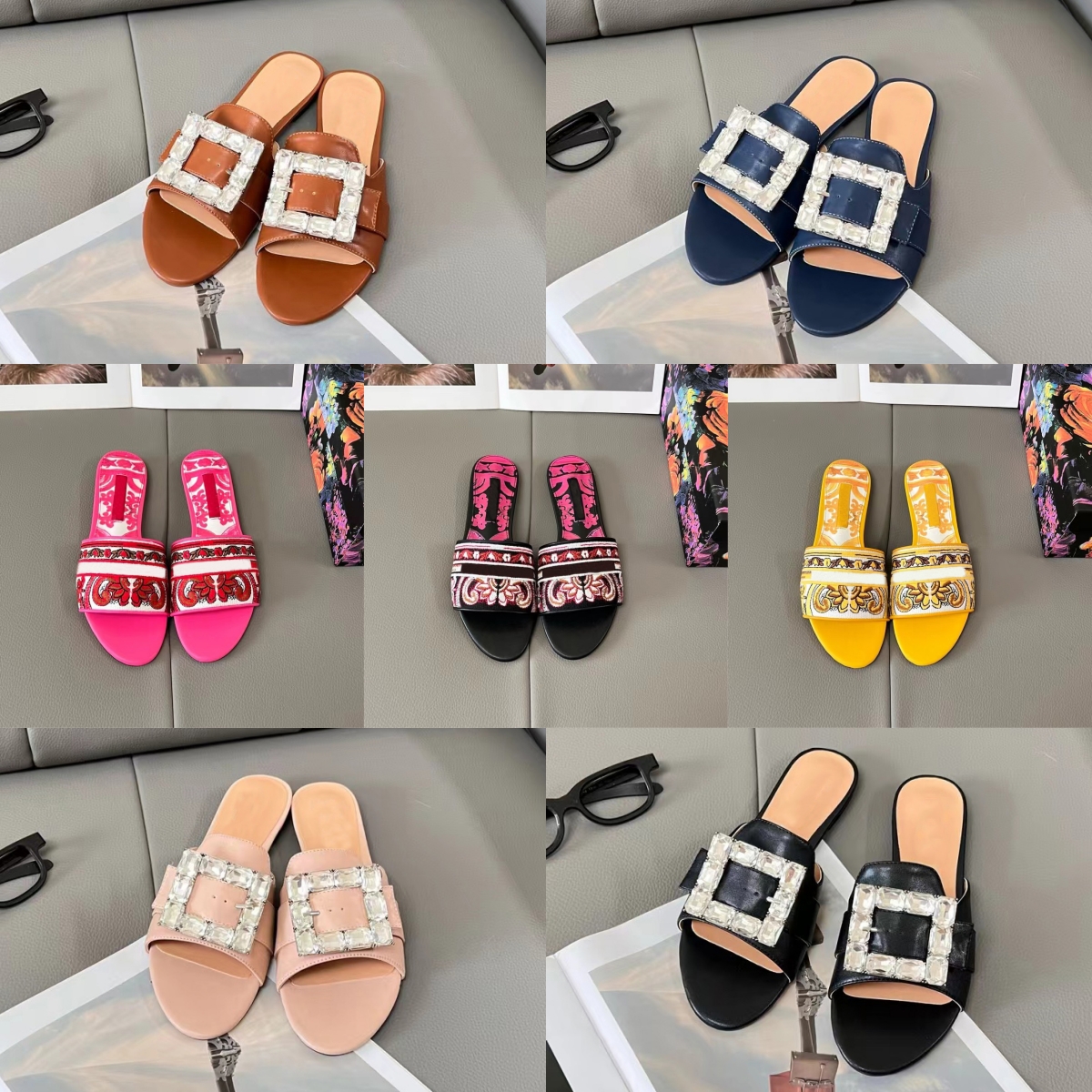 Luxury Slippers Women Designer Sandals Flat Slides Fashion Embroidery Pink Black White Beige Brown Comfort Mule Causal Summer Beach Outdoor Flip