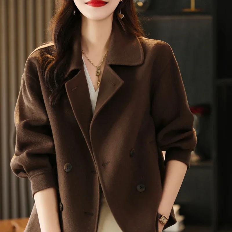 Womens doublesided cashmere coat Korean short shirt flared button pure 100 wool autumn winter 2024 241213Z