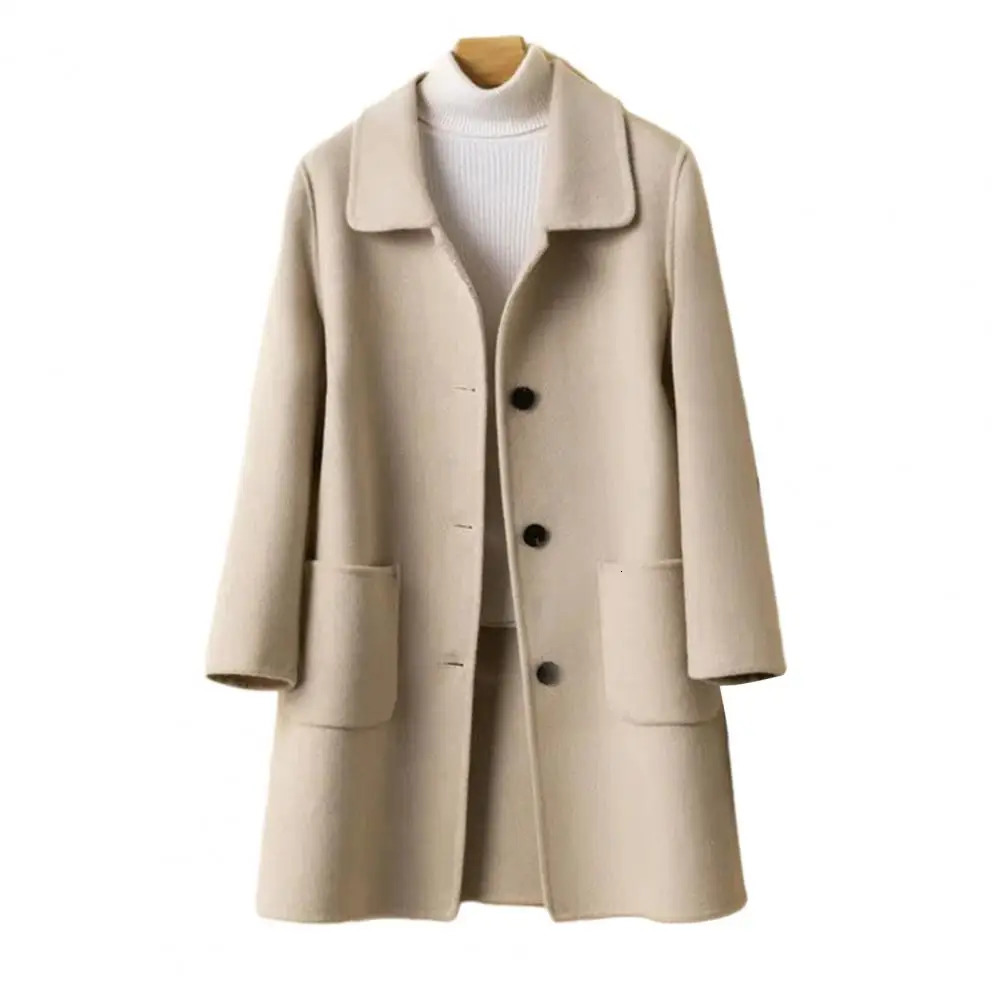 Womens autumn and winter coat loose single chest lapel mid length solid color thick cold long sleeved pocket 241213Z