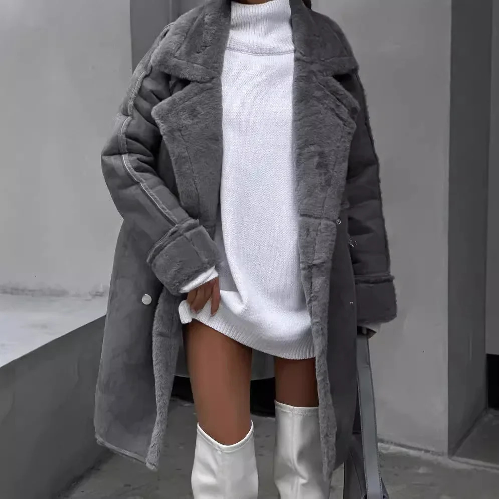 2023 Winter Chamois Leather Coat Collar Long Sleeve Plush Jacket Loose Fit Wool Blended Womens Fashion 241213Z