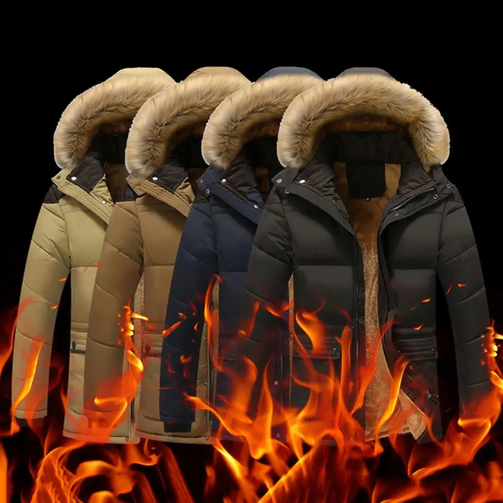 Winter mens Parkas thick fur lined high neck hooded zipper winter jacket wool warm cotton 241213Z