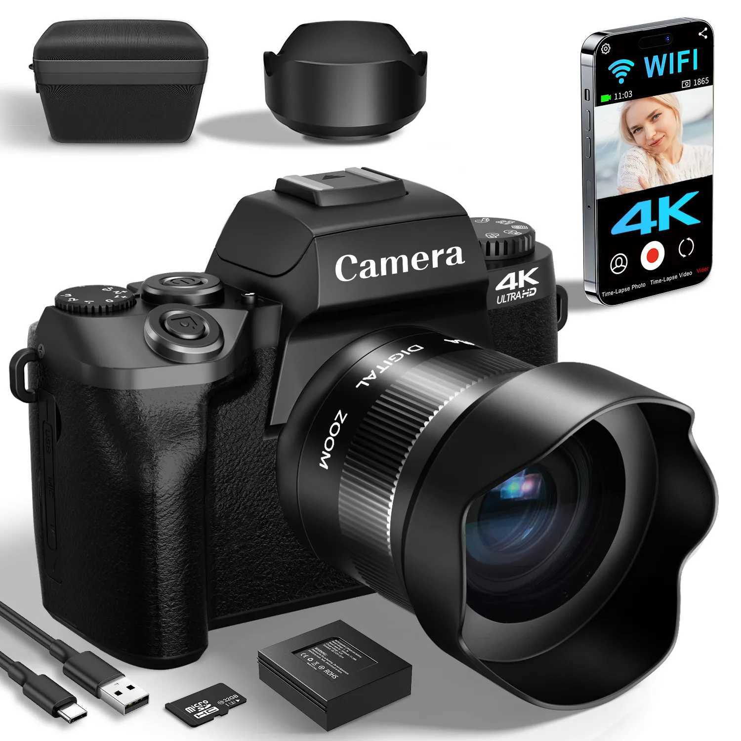 Digital Cameras Digital Camera for Photography 4K 64MP WiFi Vlogging Camera with Flash Lens Hood Front and Rear Camera 4 Inch Touch Screen Z25122-image-1038878033