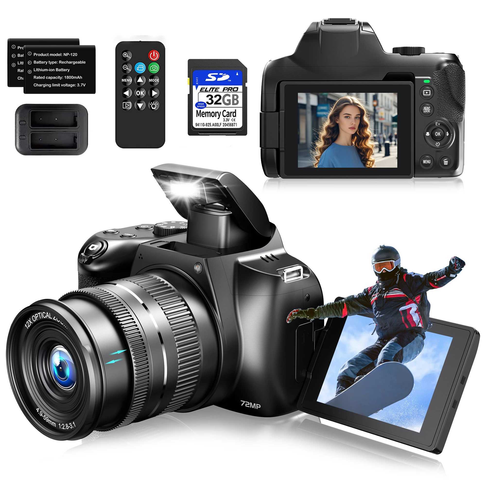 Digital Cameras 12X Optical Zoom Camera For Photography 4K 72MP DSLR Digital Cameras Auto Focus YouTube Video Vlog SLR Camcorder 270Flip Screen S-image-1038878060