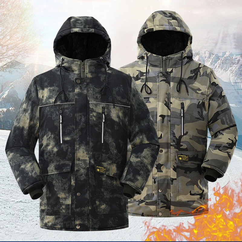 Winter mens outdoor waterproof jacket tactical wool hooded park camouflage cotton pad windproof 241213Z
