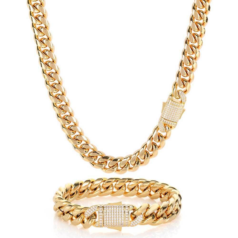 10/12 mm en acier titane plaqué or Miami Cuban Link Chain pour hommes Collier pour hommes INRRADED CZ Diamond à Spring Buckle Personnalisés Chaîn