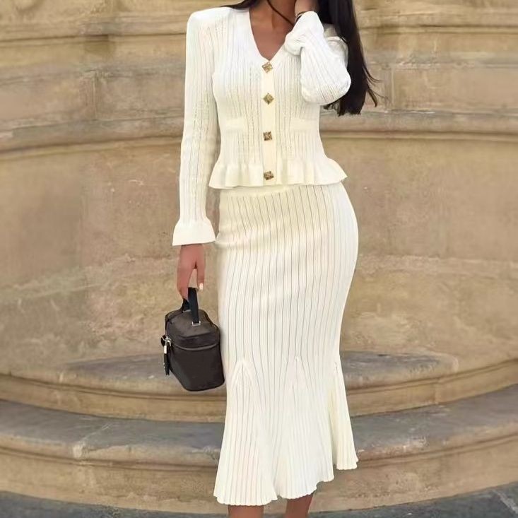 Women new spring v-neck single breasted peplum knitted cardigan and mermaid long skirt twinset sexy bodycon 2 pc dress suit SMLXL