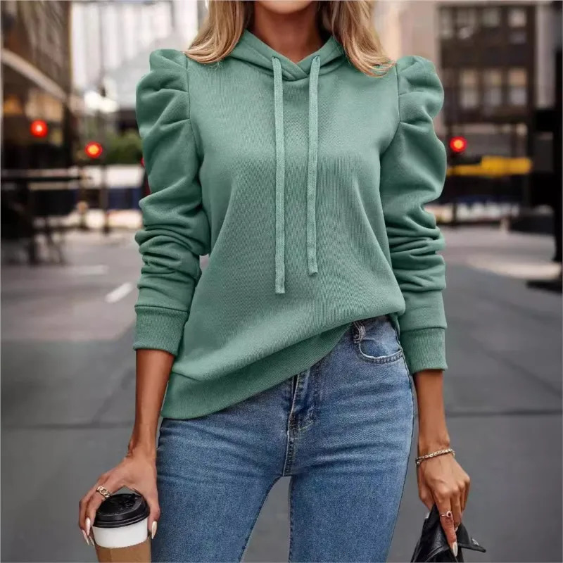 Ladies Elegant Puff Sleeves Hoodie 2024 AutumnWinter Fashion Hooded Solid Color Long Sleeved Casual Womens Sweatshirt Tops 241220Z
