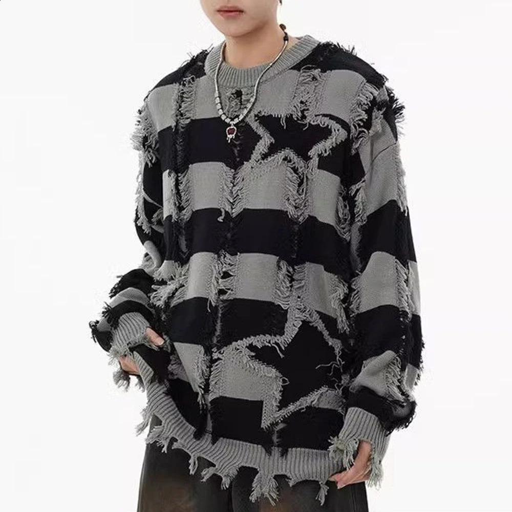 American Street Fashion Retro Trend Tassel Star Stripe Hole Sweater Unisex Autumn Winter High Quality Casual Loose Warm Sweater 241223