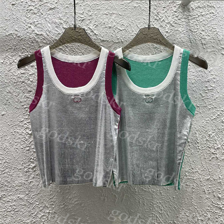 Drill Knitted Vest Women Design Sexy Silver Tank Top Crew Neck Sleeveless Crop Top Fashion Party