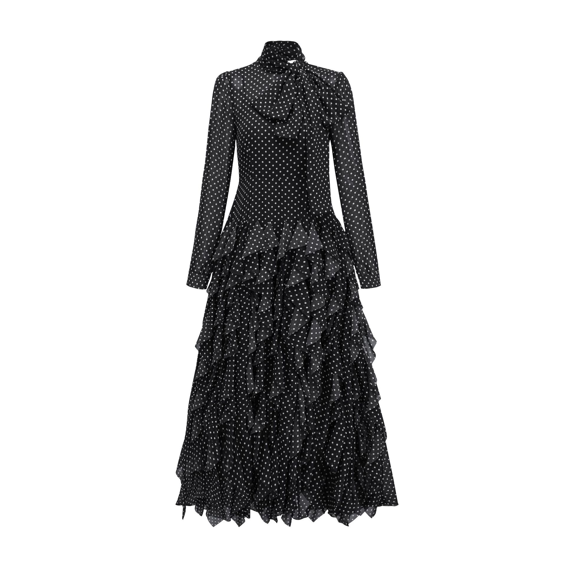 (425) White-collar commuting temperament long skirt polka dot half-high collar long-sleeved dress annual meeting banquet dress skirt