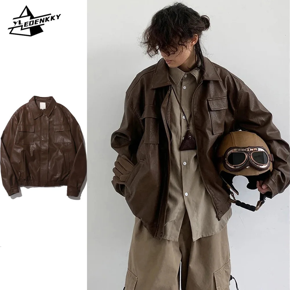 Retro PU leather jacket womens solid color loose neutral cargo for spring and autumn leisure motorcycle windproof couples top 241213Z