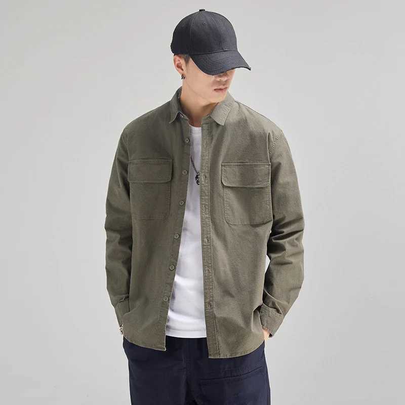 Mens khaki retro long sleeved button down casual plus size mens spring and autumn blue cotton commodity shirt workwear Xxxl W241223 cc