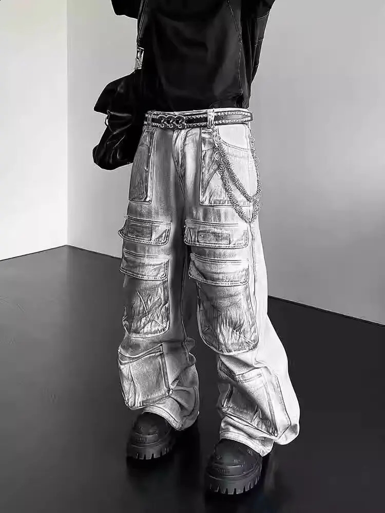 Tasche multipli lavati per uomini jeans vintage dritti y2k pantaloni larghi larghi streetwear streetwear in stile americano pantaloni in denim 24122
