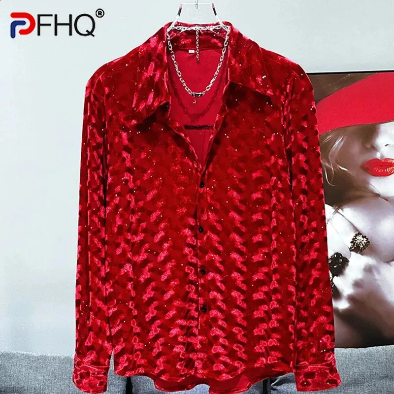 PFHQ Mens Shirt Autumn Winter Fashion Velvet Trendy Versatile 2024 Solid Color Turn-down Collar Tops 21Z6683 241223
