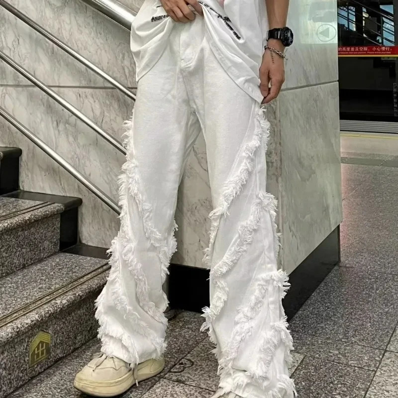 American Style Erosion Damage Raw Edge Street Jeans Mens Harajuku Style Hip-hop Dance Straight White Jeans Womens Y2k Clothing 241223