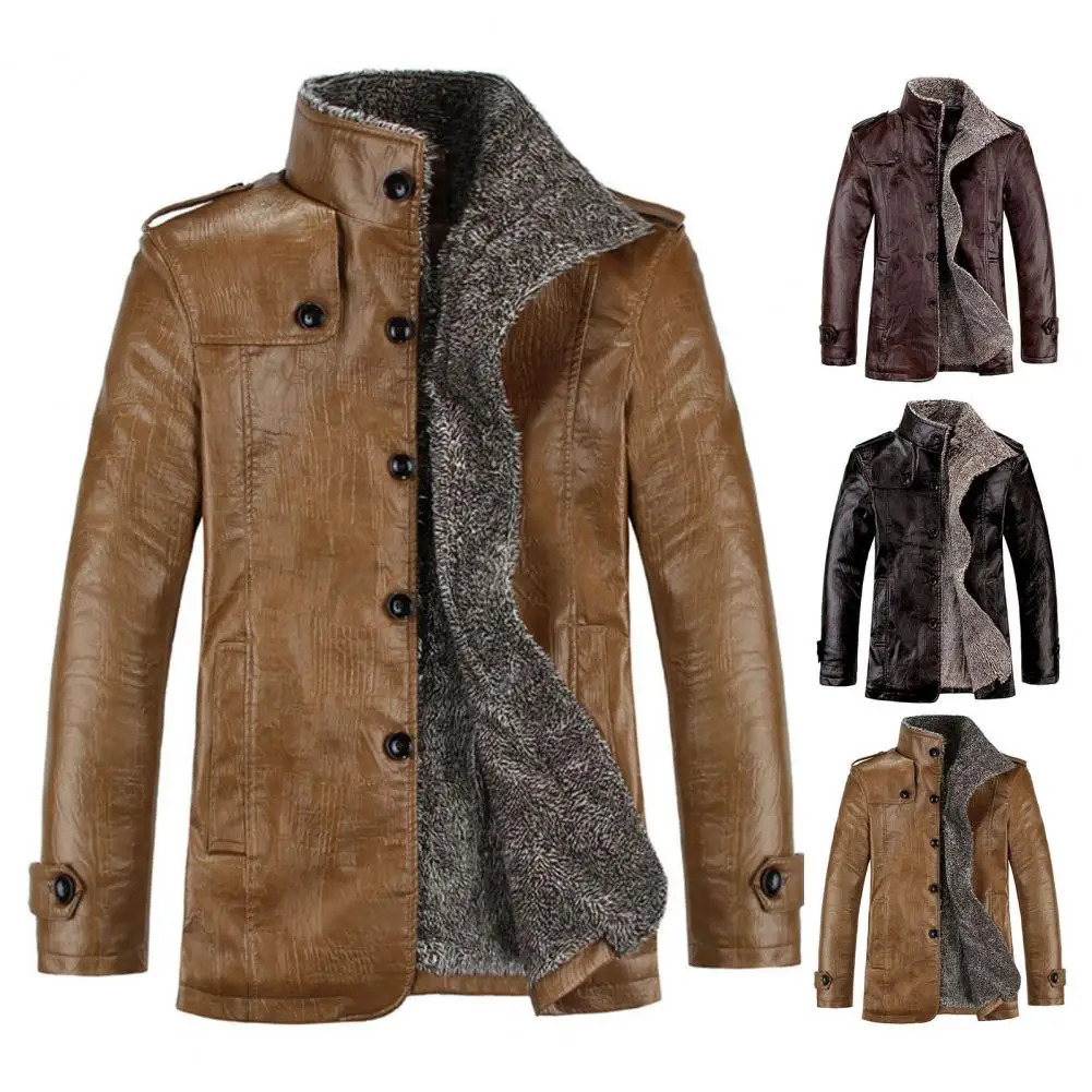 Winter mens leather jacket thick wool motorcycle casual synthetic windproof and warm chaqueta cuero hombre 241213Z