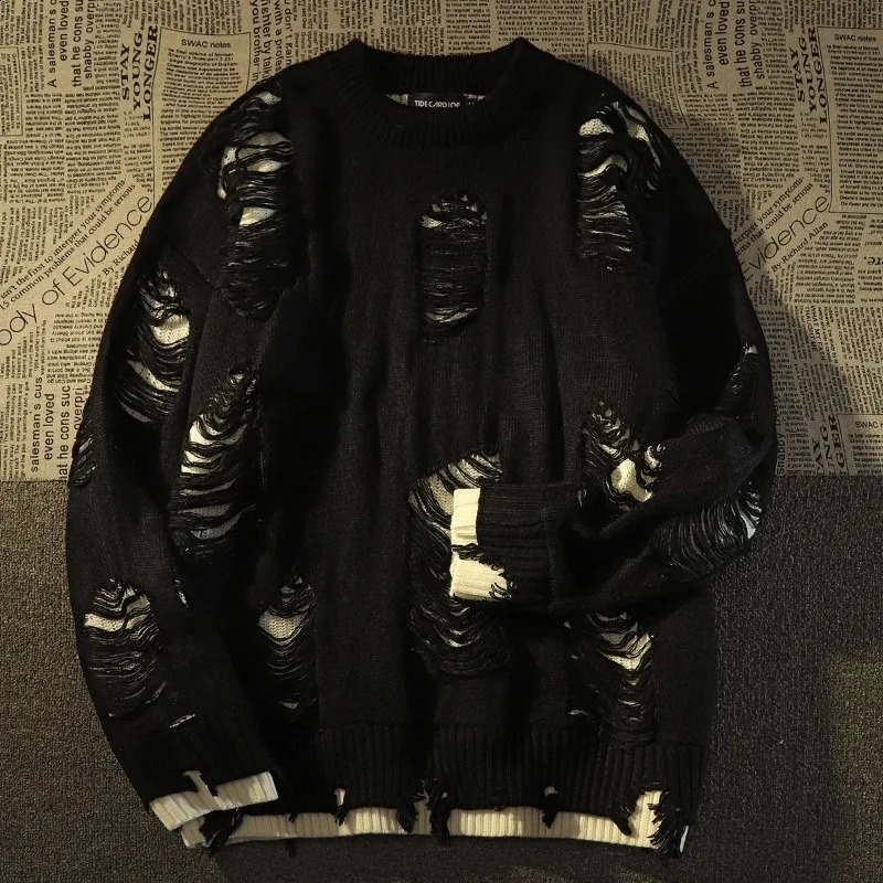 Casual Sweater Hole Two Sweaters American Retro For Men And Women Y2k Streetwear High Street Fashion Punk Style Loose 241223