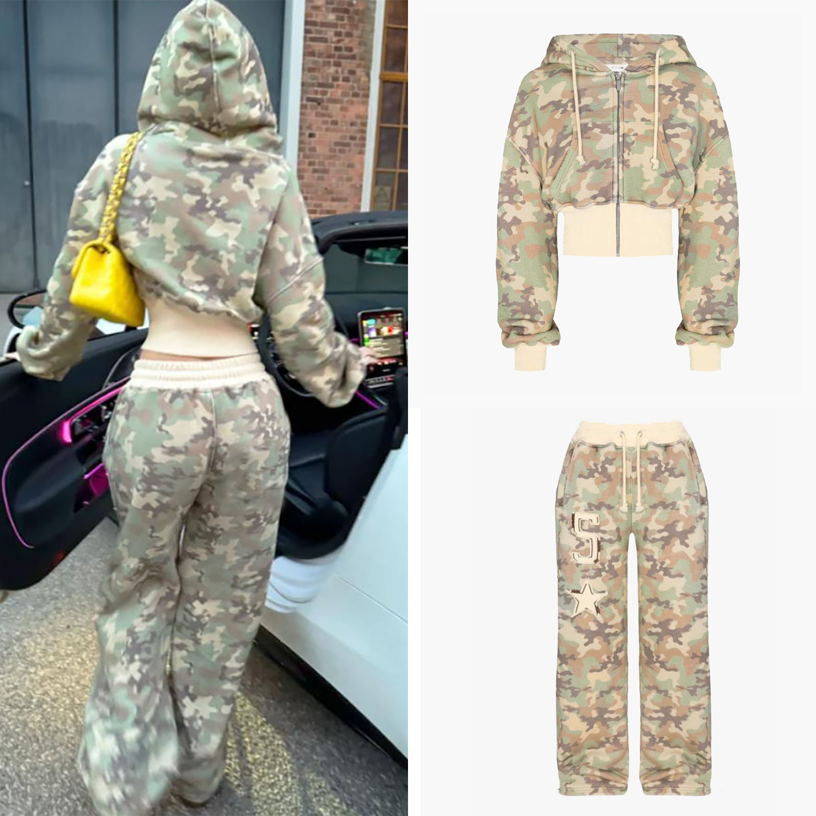 Womens Tracksuit Fashion Casual Slim Short Camouflage Zip Cardigan Hoodie High Waisted Sweatpants Two Piece Set Women