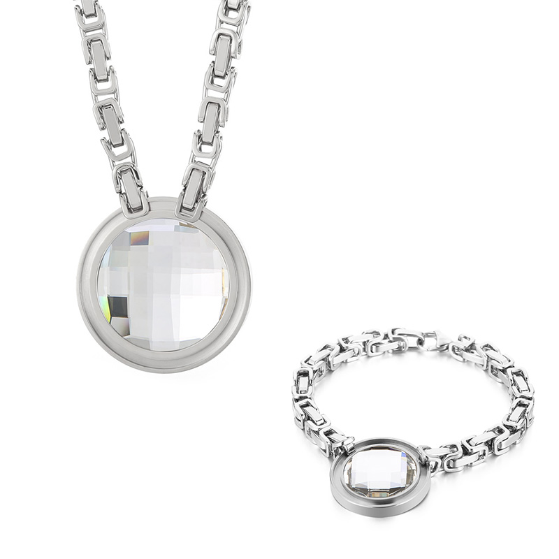Hot Fashion Women Girls Silver Gold Stainless Steel Round Chain Bead Bracelet Pendant Earrings Sets Jewelry Gift-image-1039152928
